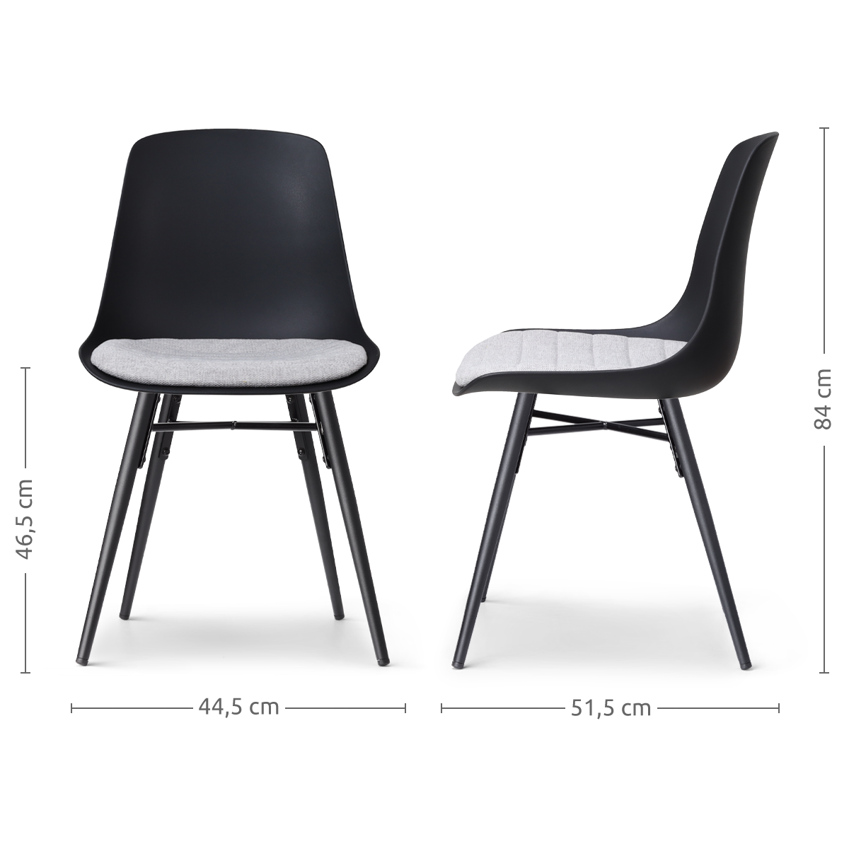 maatvoering van de Nena-Liv eetkamerstoel zwart met lichtgrijs zitkussen - zwart houten onderstel