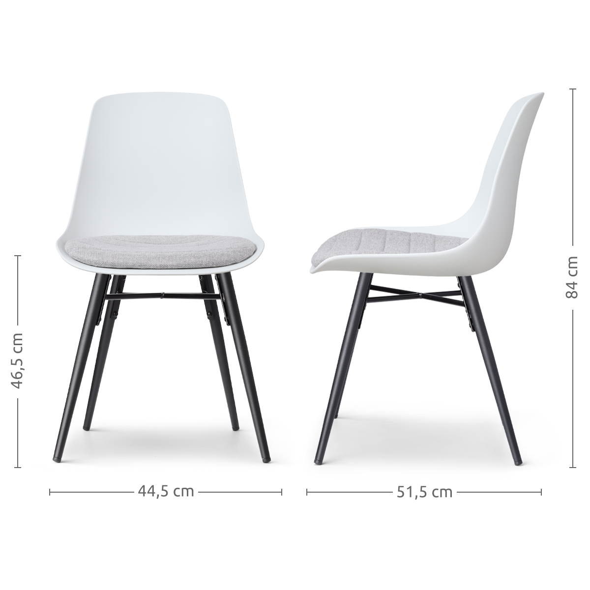 maatvoering van de Nena-Liv eetkamerstoel wit met lichtgrijs zitkussen - zwart houten onderstel
