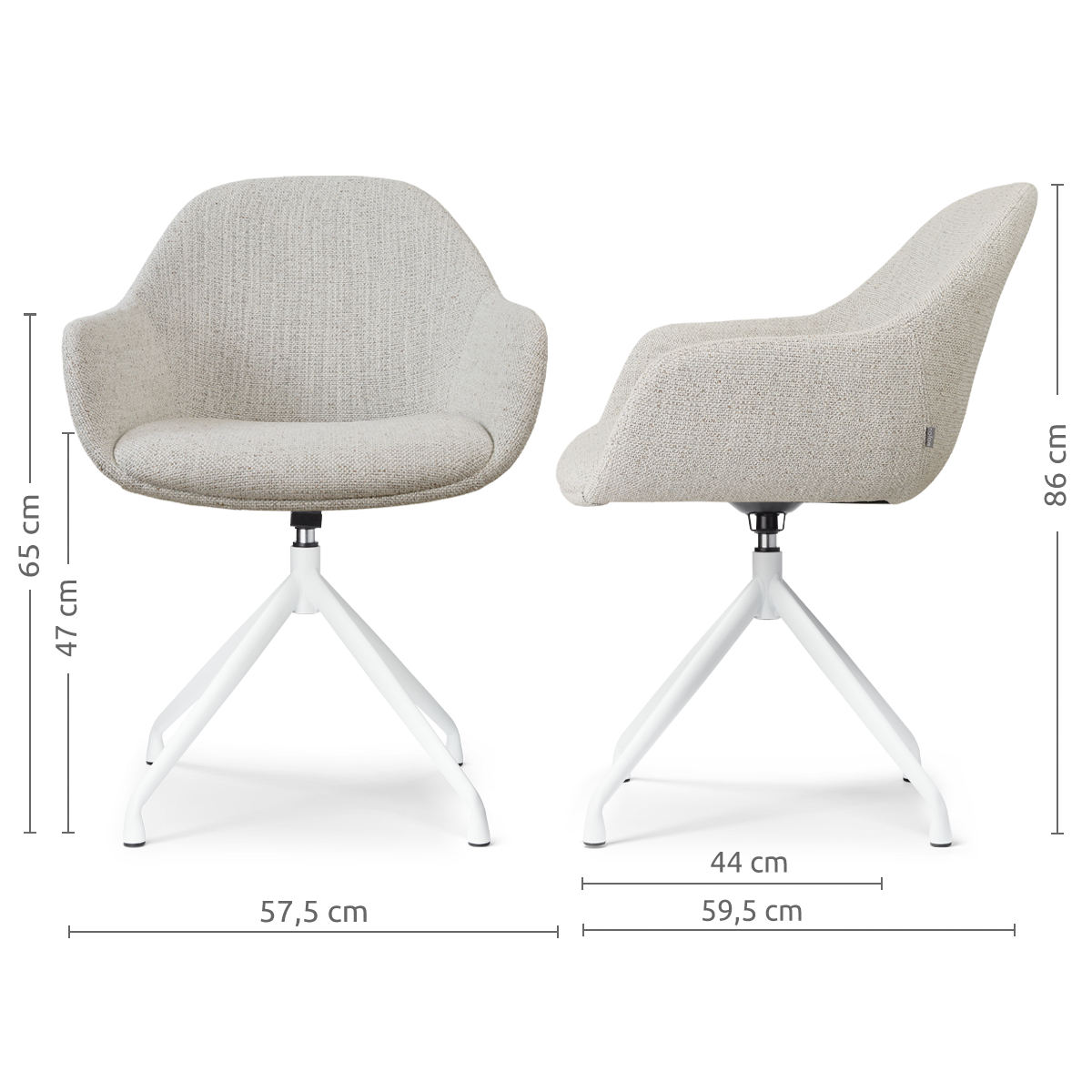 maatvoering van de Nola-Mae draaibare eetkamerstoel beige gemêleerd - wit onderstel