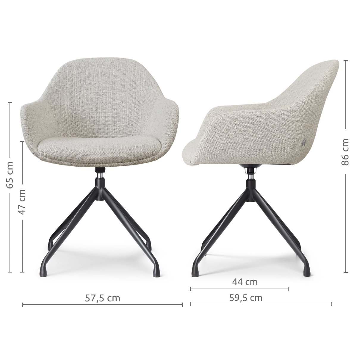 maatvoering van de Nola-Mae draaibare eetkamerstoel beige gemêleerd - zwart onderstel