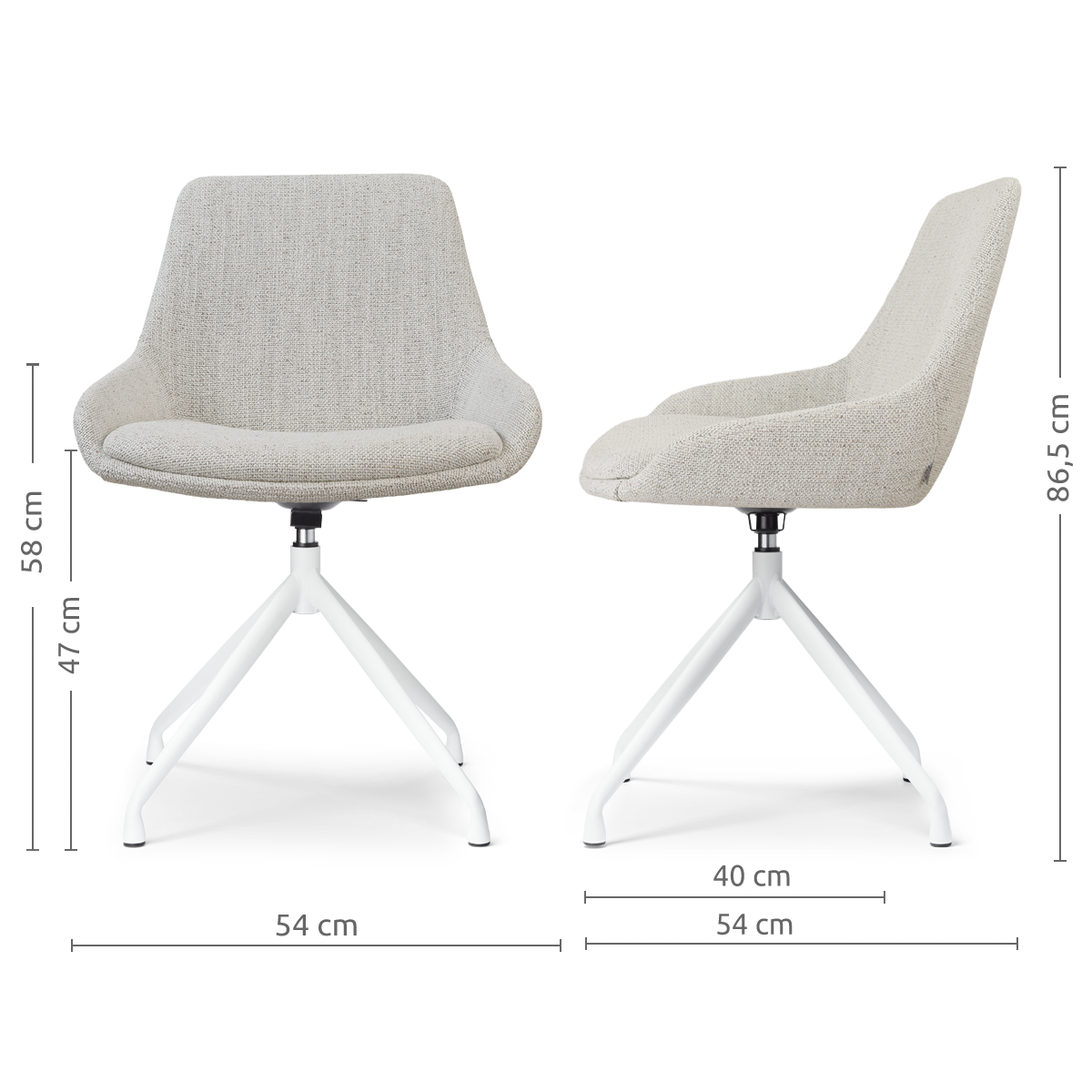 maatvoering van de Nola-Isa draaibare eetkamerstoel beige gemêleerd - wit onderstel