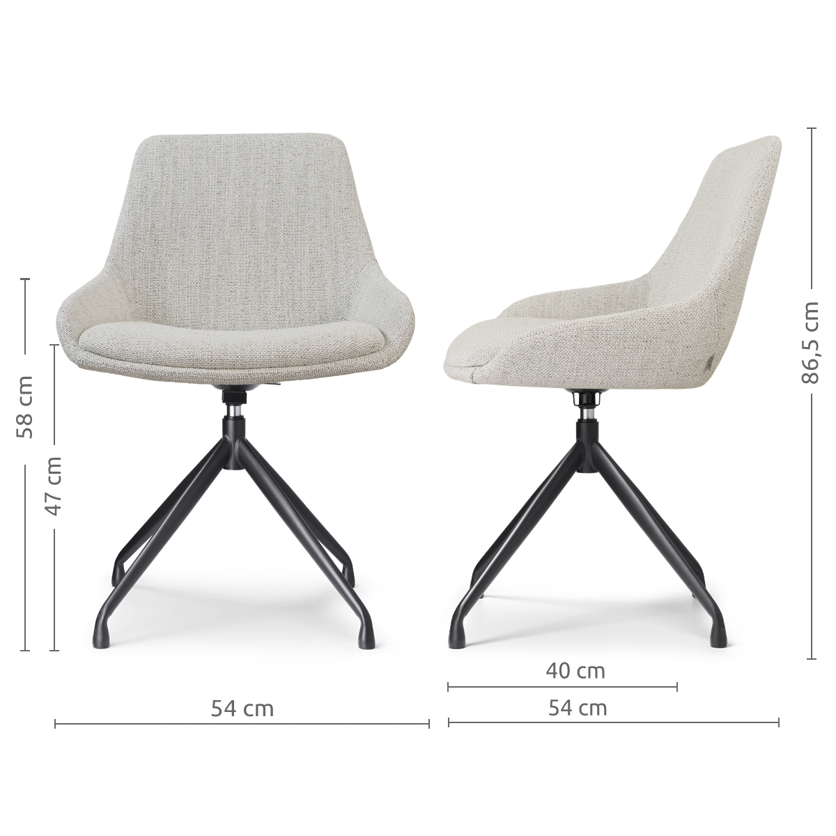 maatvoering van de Nola-Isa draaibare eetkamerstoel beige gemêleerd - zwart onderstel