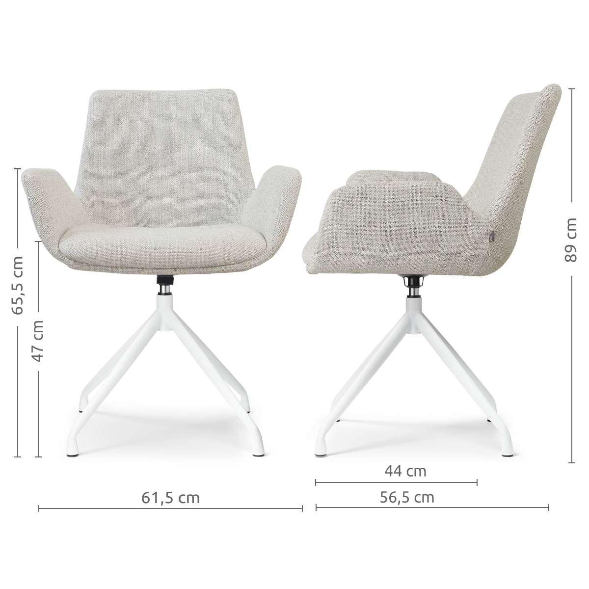 maatvoering van de Nola-Eef draaibare eetkamerstoel beige gemêleerd - wit onderstel