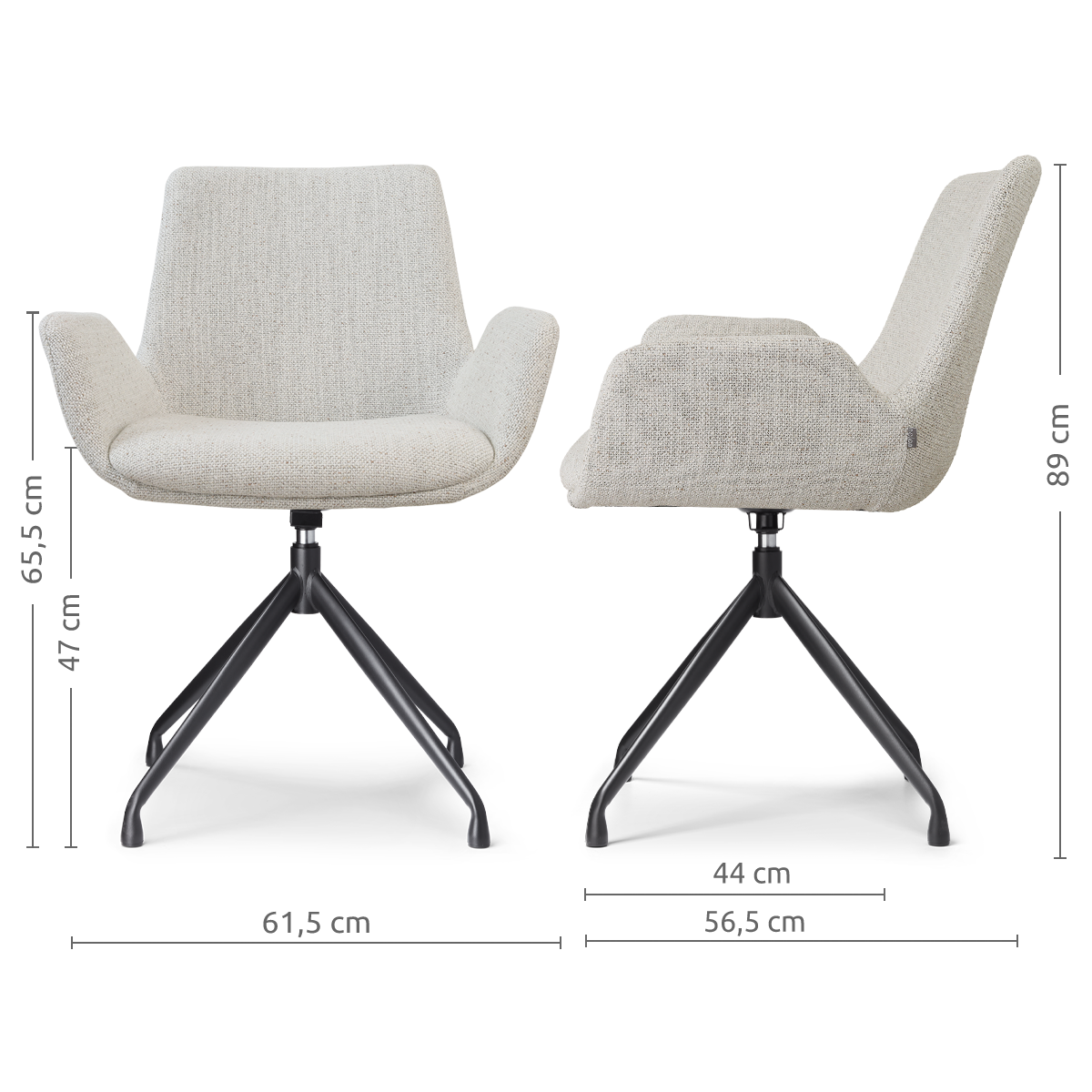 maatvoering van de Nola-Eef draaibare eetkamerstoel beige gemêleerd - zwart onderstel