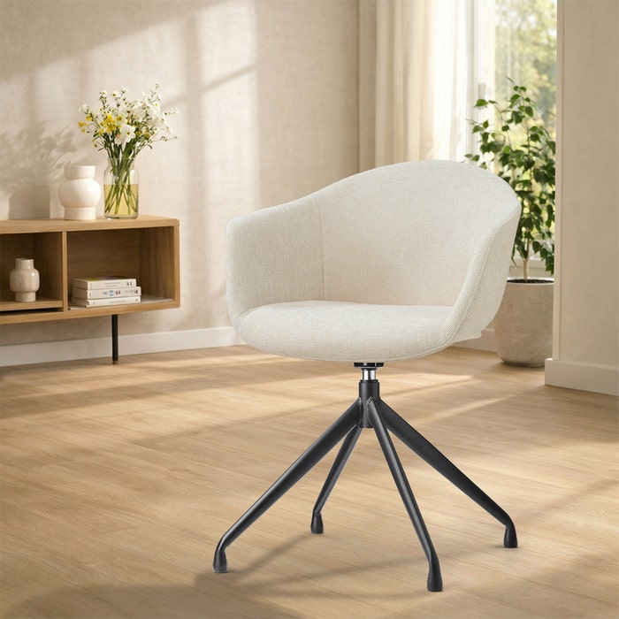 Nola-Otis draaibare eetkamerstoel cottonbeige - zwart onderstel - armleuningen - gestoffeerd - metalen onderstel - japandi - comfortabel