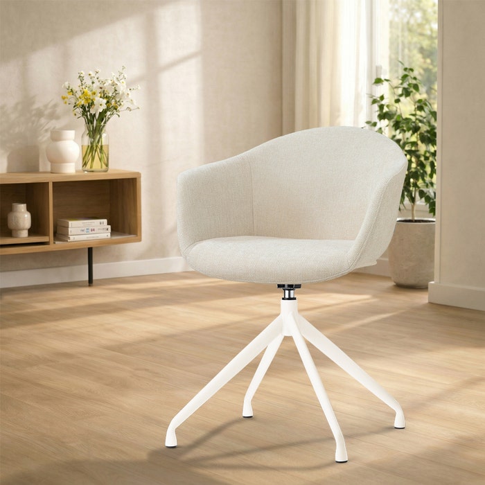 Nola-Otis draaibare eetkamerstoel cottonbeige - wit onderstel - gestoffeerd - armleuningen - japandi - metalen onderstel-  comfortabel