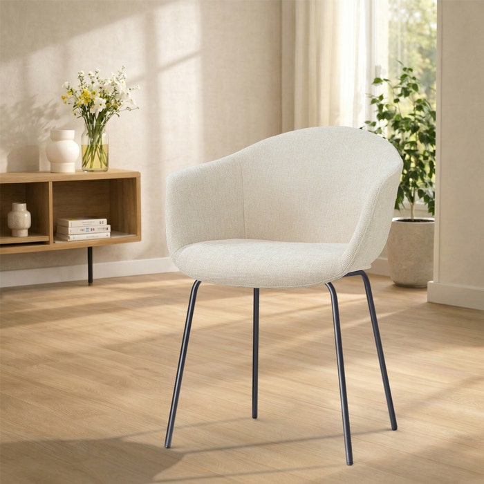 Nora-Otis eetkamerstoel cottonbeige - zwart onderstel - japandi - gestoffeerd - armleuningen - comfortabel - metalen onderstel