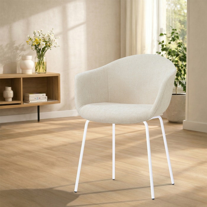 Nora-Otis eetkamerstoel cottonbeige - wit onderstel - comfortabel - japandi - gestoffeerd - armleuningen - metalen onderstel