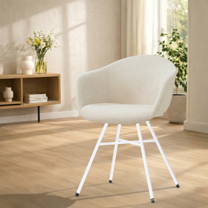 Noa-Otis eetkamerstoel cottonbeige - wit onderstel - armleuningen - gestoffeerd - comfortabel - scandinavisch - metalen onderstel