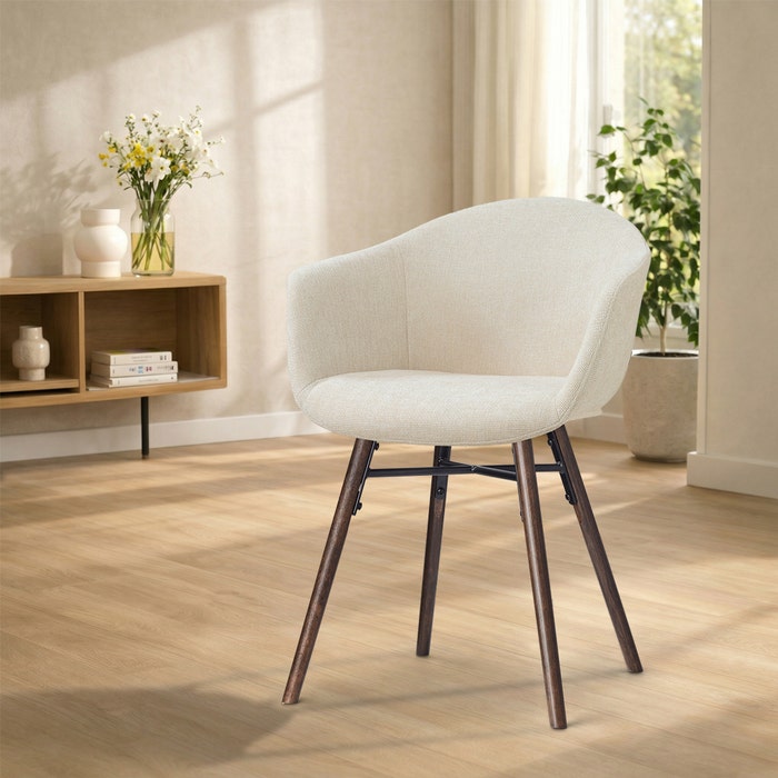 Nena-Otis eetkamerstoel cottonbeige - walnoot houten onderstel - comfortabel - japandi - gestoffeerd - armleuningen