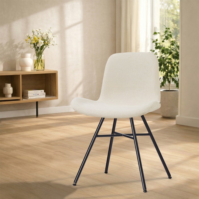 Noa-Fé eetkamerstoel cottonbeige - zwart onderstel - japandi - gestoffeerd - rugleuning - comfortabel - metalen onderstel