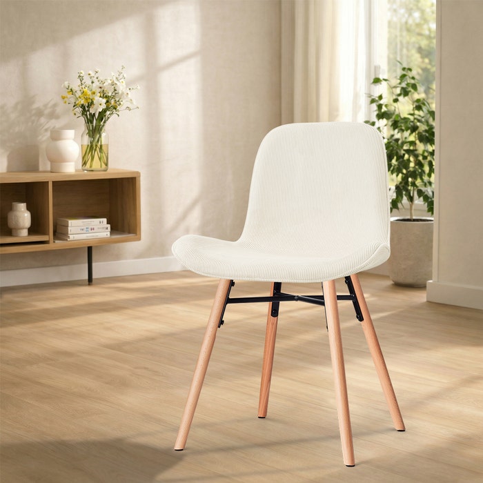 Nena-Fé eetkamerstoel rib beige - houten onderstel - japandi - comfortabel - gestoffeerd - rugleuning