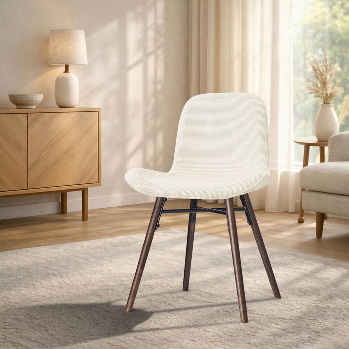 Nena-Fé eetkamerstoel rib beige - walnoot houten onderstel - scandinavisch - comfortabel - gestoffeerd - rugleuning - japandi