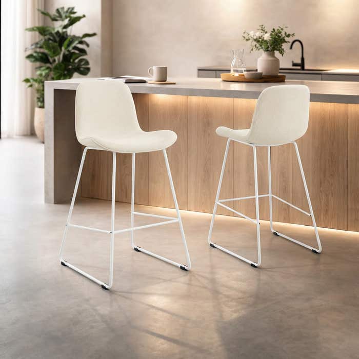 Nino-Fé barkruk rib beige - wit onderstel - 65 cm - japandi - keukenblad - gestoffeerd - rugleuning - scandinavisch