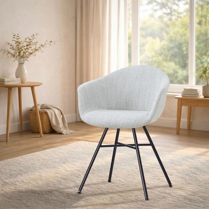 Noa-Otis eetkamerstoel grijs melange - zwart onderstel - japandi - comfortabel - gestoffeerd - armleuningen - metalen onderstel