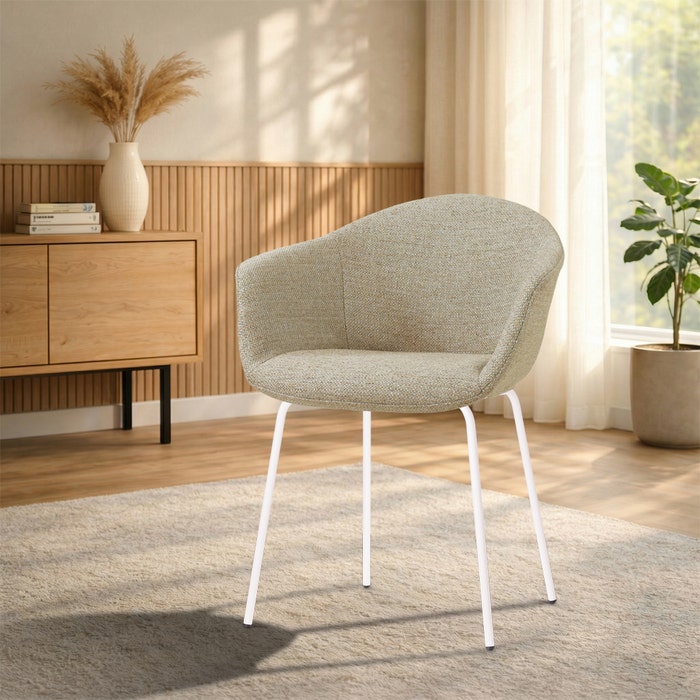 Nora-Otis eetkamerstoel taupe melange - wit onderstel - japandi - comfortabel - gestoffeerd - armleuningen - metalen onderstel