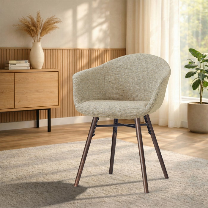 Nena-Otis eetkamerstoel taupe melange - walnoot houten onderstel - japandi - comfortabel - gestoffeerd - armleuningen -