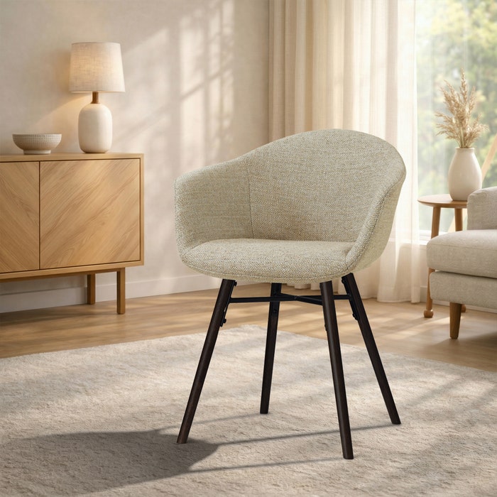 Nena-Otis eetkamerstoel taupe melange - zwart houten onderstel - armleuningen - gestoffeerd - vergaderstoel - japandi - comfortabel