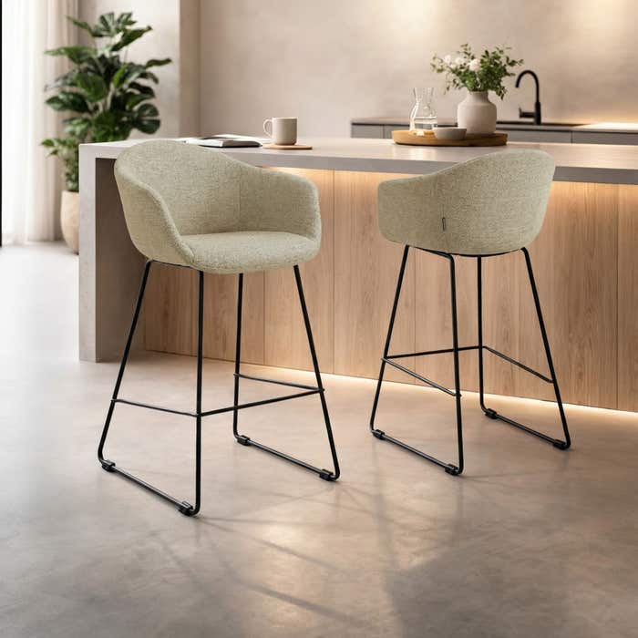 Nino-Otis barkruk taupe melange - zwart onderstel - 65 cm - japandi - keukenblad - gestoffeerd - rugleuning - scandinavisch