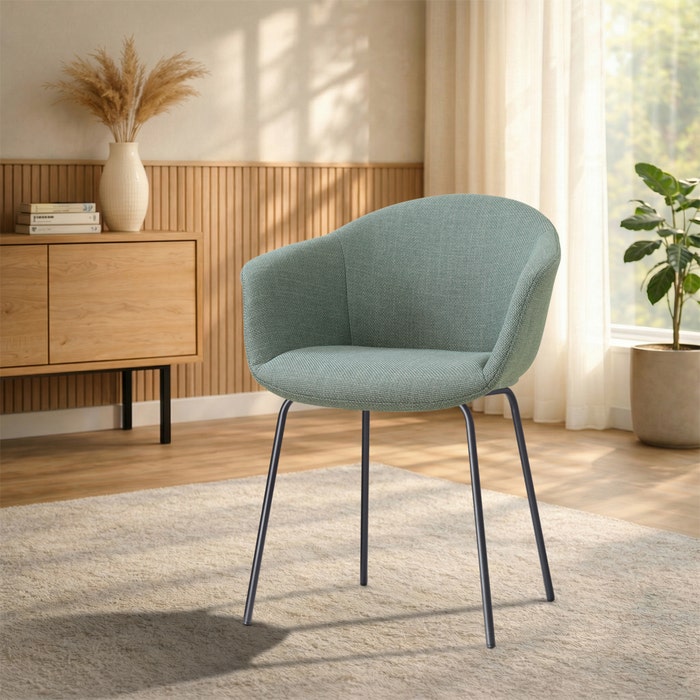 Nora-Otis eetkamerstoel saliegroen - zwart onderstel - comfortabel - japandi - metalen onderstel - gestoffeerd - armleuningen