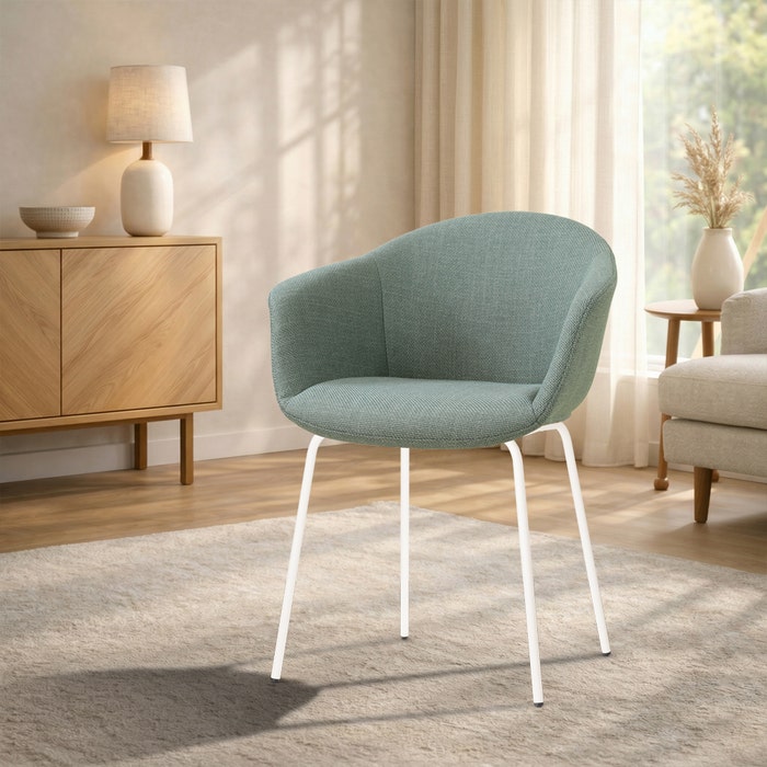 Nora-Otis eetkamerstoel saliegroen - wit onderstel - japandi - comfortabel - gestoffeerd - armleuningen - metalen onderstel