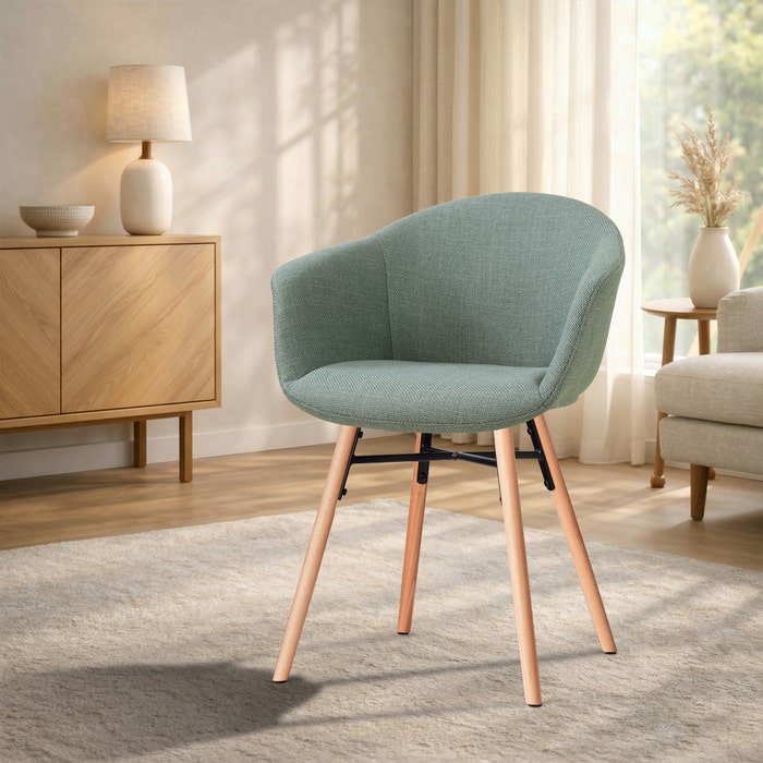 Nena-Otis eetkamerstoel saliegroen - houten onderstel - met armleuning - stoffen - armstoel - naturel houten poten - groen