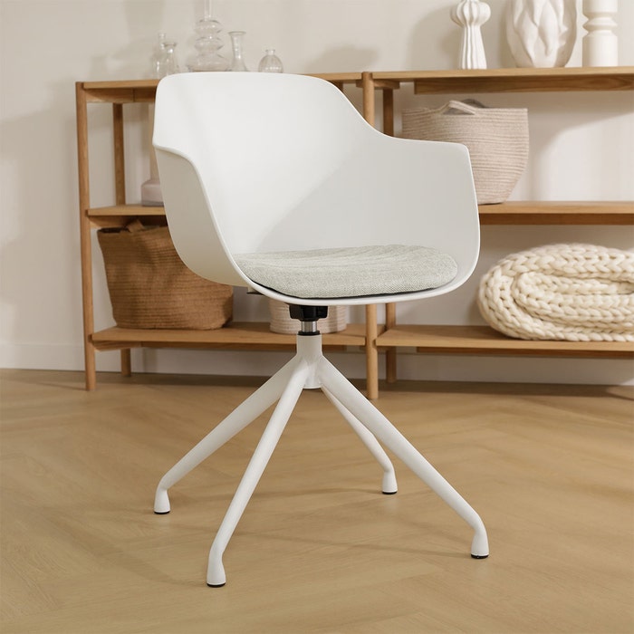 Nola-Liz draaibare eetkamerstoel wit met naturelbeige zitkussen - wit onderstel - armleuningen - comfortabel - vergaderstoel -  japandi