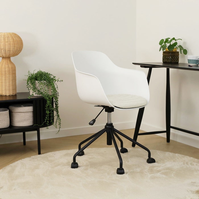 Nout-Liz eetkamerstoel wit met naturelbeige zitkussen - zwart onderstel - burostoel - verstelbaar - japandi -comfortabel - modern