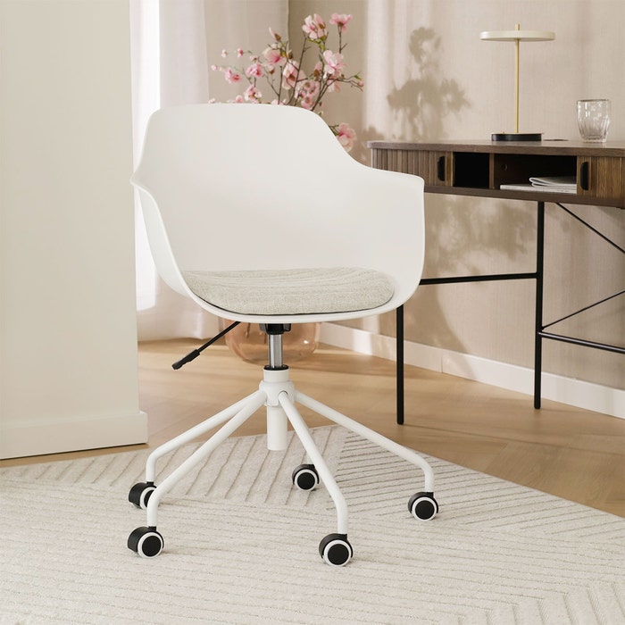 Nout-Liz eetkamerstoel wit met naturelbeige zitkussen - wit onderstel - comfortabel - burostoel -  japandi - modern - kunststof