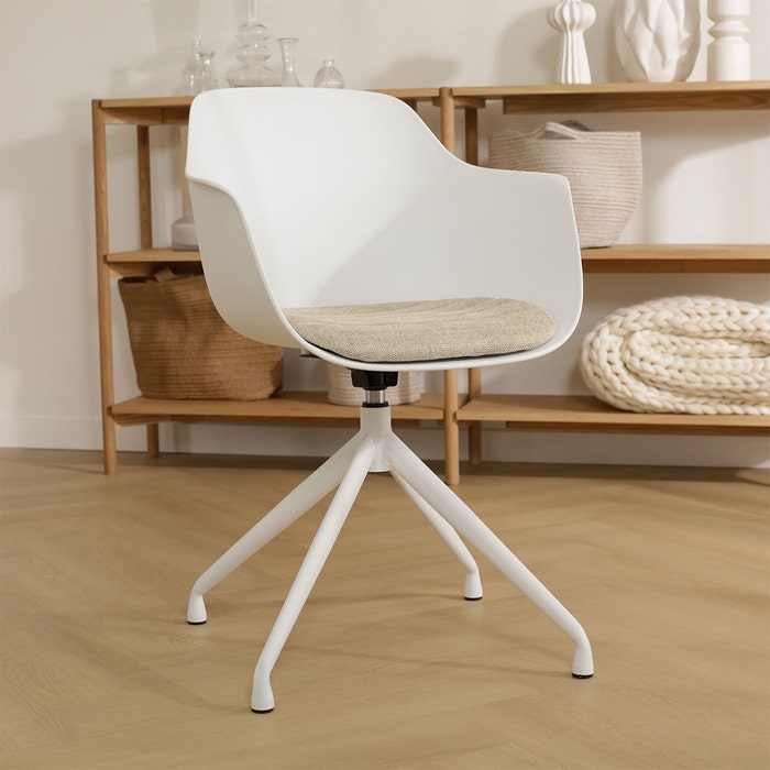 Nola-Liz draaibare eetkamerstoel wit met nougatbruin zitkussen - wit onderstel - armleuningen - comfortabel - vergaderstoel -  japandi