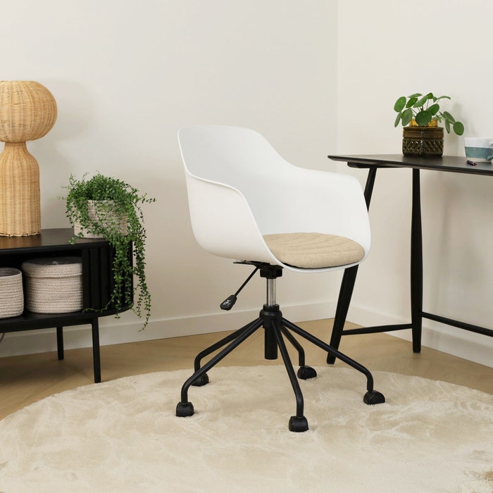 Nout-Liz eetkamerstoel wit met nougatbruin zitkussen - zwart onderstel - burostoel - verstelbaar - japandi -comfortabel - modern