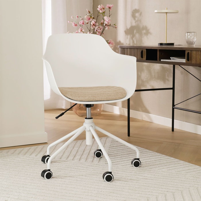 Nout-Liz eetkamerstoel wit met nougatbruin zitkussen - wit onderstel - comfortabel - burostoel -  japandi - modern - kunststof