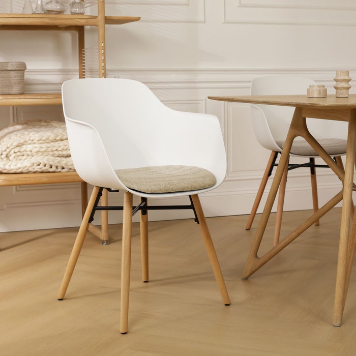 Nena-Liz eetkamerstoel wit met nougatbruin zitkussen - houten onderstel - comfortabel - scandinavisch - rugleuning - kunststof - vergaderstoel - japandi