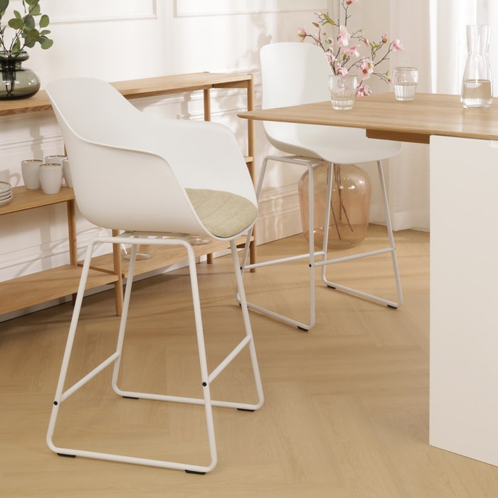 Nino-Liz barkruk wit met nougatbruin zitkussen - wit onderstel - 65 cm - japandi -keukenblad - kookeiland - kunststof -  scandinavisch