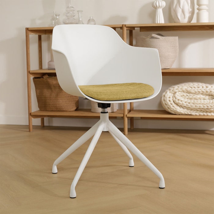 Nola-Liz draaibare eetkamerstoel wit met mosgroen zitkussen - wit onderstel - comfortabel - vergaderstoel -  armleuningen
