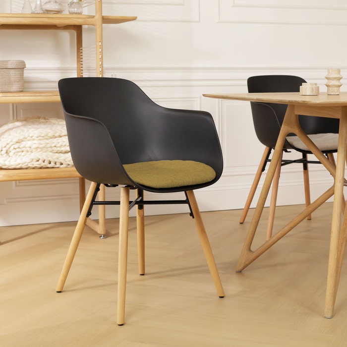 Nena-Liz eetkamerstoel zwart met mosgroen zitkussen - houten onderstel - comfortabel - vergaderstoel - japandi