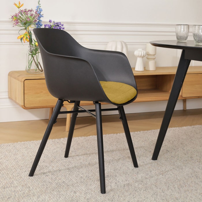 Nena-Liz eetkamerstoel zwart met mosgroen zitkussen - zwart houten onderstel - comfortabel - vergaderstoel -  japandi