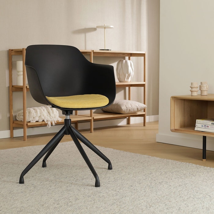 Nola-Liz draaibare eetkamerstoel zwart met warm oker zitkussen - zwart onderstel 