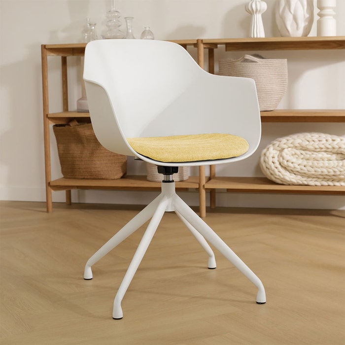 Nola-Liz draaibare eetkamerstoel wit met warm oker zitkussen - wit onderstel 
