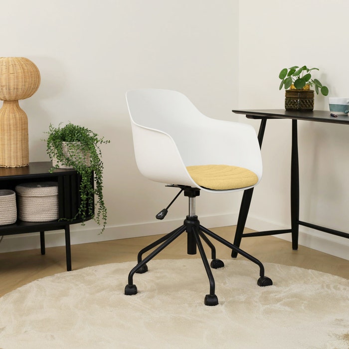 Nout-Liz eetkamerstoel wit met warm oker zitkussen - zwart onderstel 