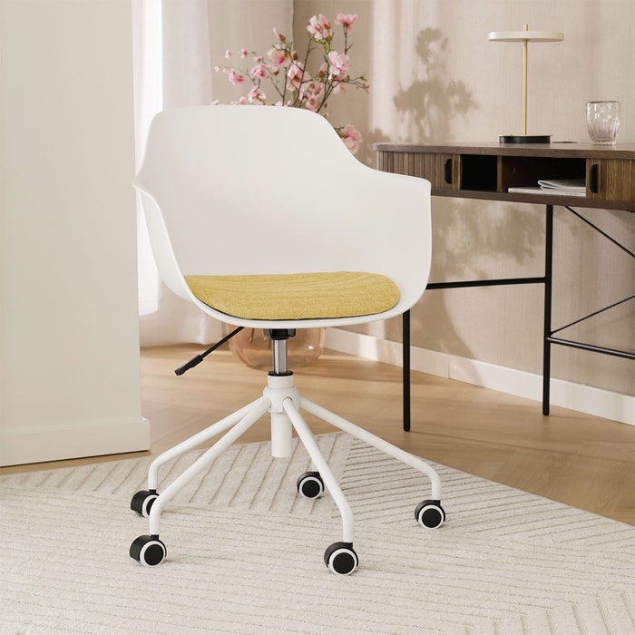 Nout-Liz eetkamerstoel wit met warm oker zitkussen - wit onderstel 