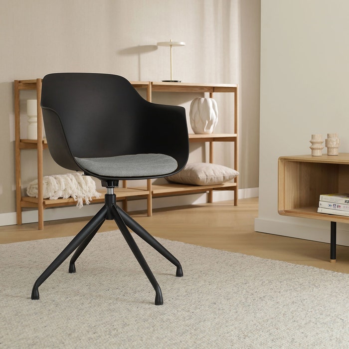 Nola-Liz draaibare eetkamerstoel zwart met zeegrijs zitkussen - zwart onderstel -  armleuningen - kunststof - comfortabel - scandinavisch -modern