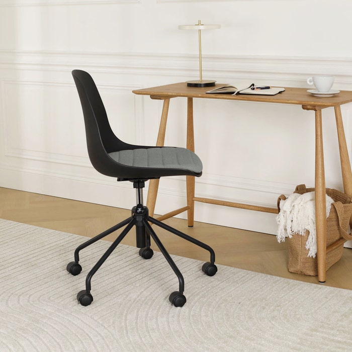 Nola-Liz draaibare eetkamerstoel wit met zeegrijs zitkussen - zwart onderstel -  armleuningen - kunststof - comfortabel - scandinavisch -modern