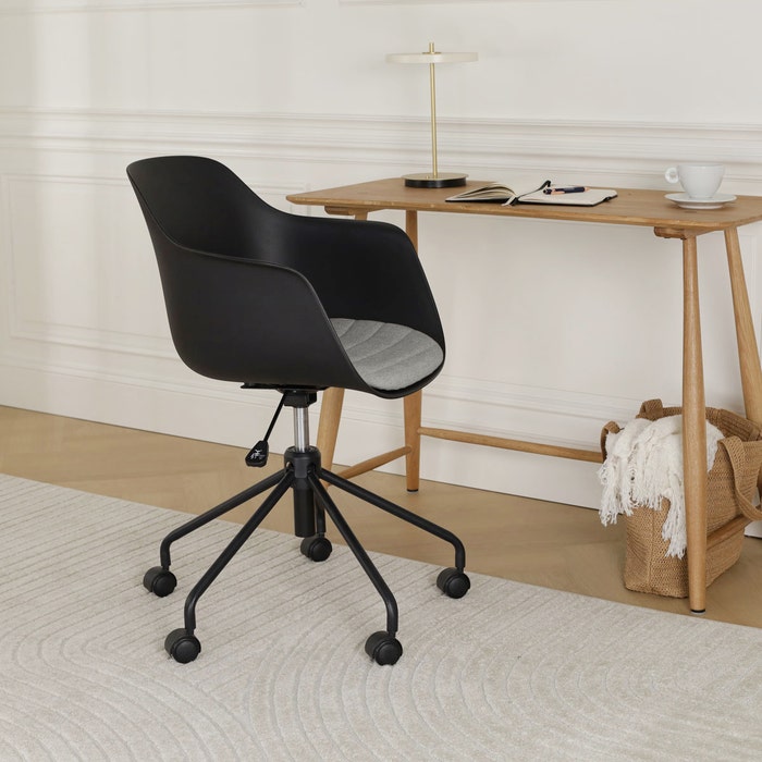 Nout-Liz eetkamerstoel zwart met zeegrijs zitkussen - zwart onderstel - japandi - modern - comfortabel - burostoel - verstelbaar - rugleuning