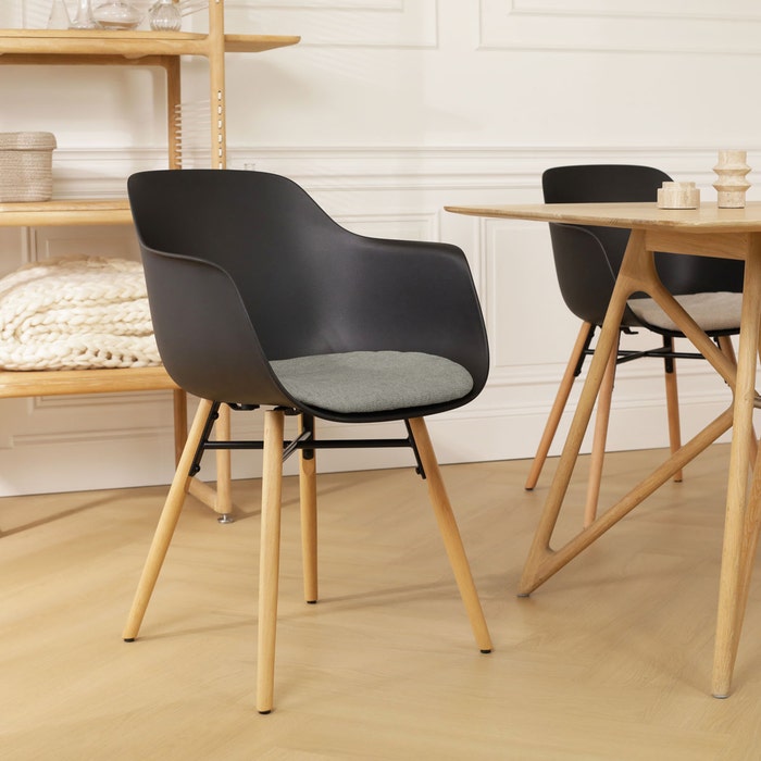 Nena-Liz eetkamerstoel zwart met zeegrijs zitkussen - houten onderstel - kunststof - comfortabel - scandinavisch -modern