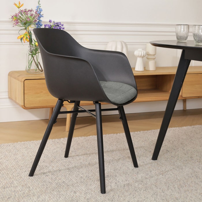 Nena-Liz eetkamerstoel zwart met zeegrijs zitkussen - zwart houten onderstel - kunststof - comfortabel - scandinavisch -modern