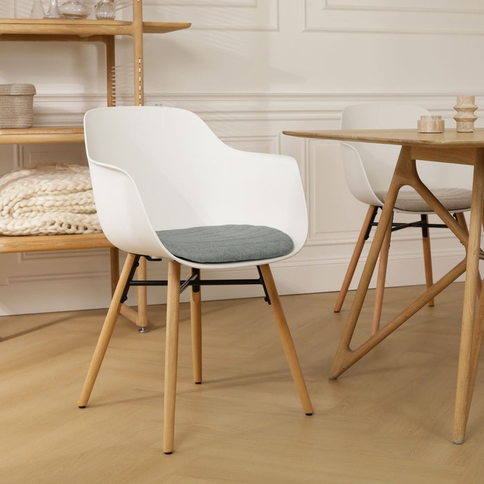 Nena-Liz eetkamerstoel wit met zeegrijs zitkussen - houten onderstel - comfortabel - vergaderstoel - japandi