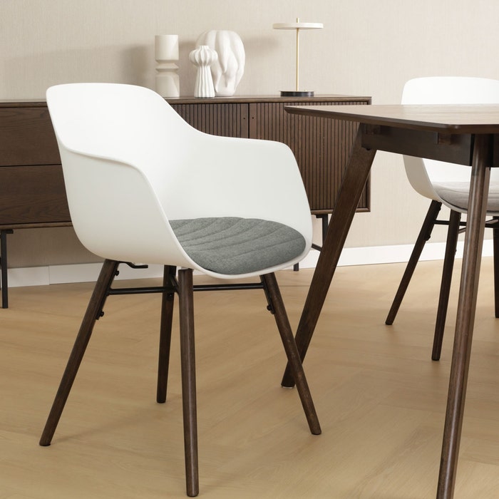 Nena-Liz eetkamerstoel wit met zeegrijs zitkussen - walnoot houten onderstel - modern - kunststof - scandinavisch -  comfortabel -