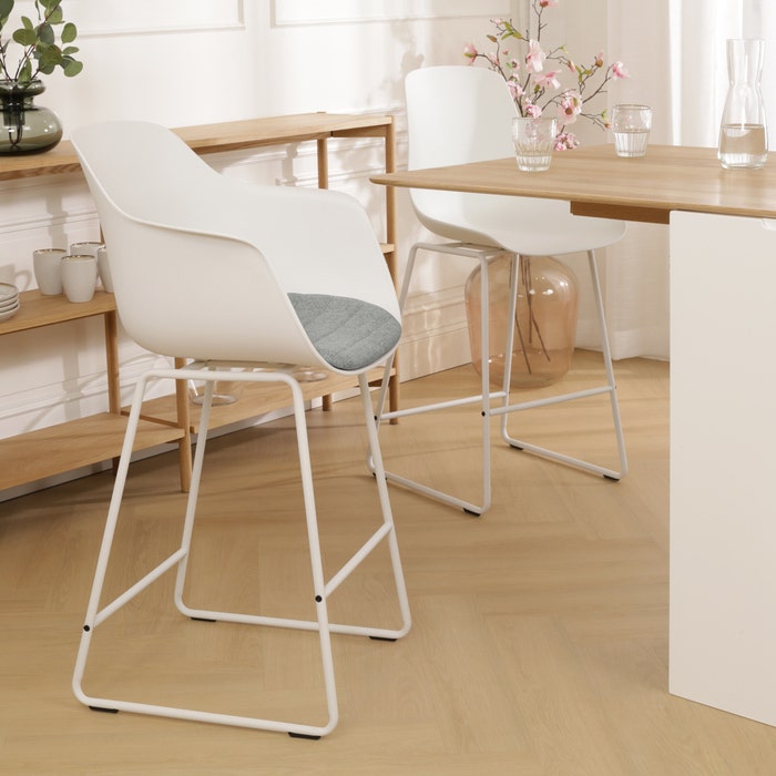 Nino-Liz barkruk wit met zeegrijs zitkussen - wit onderstel - 65 cm - japandi -keukenblad - kookeiland - kunststof -  scandinavisch