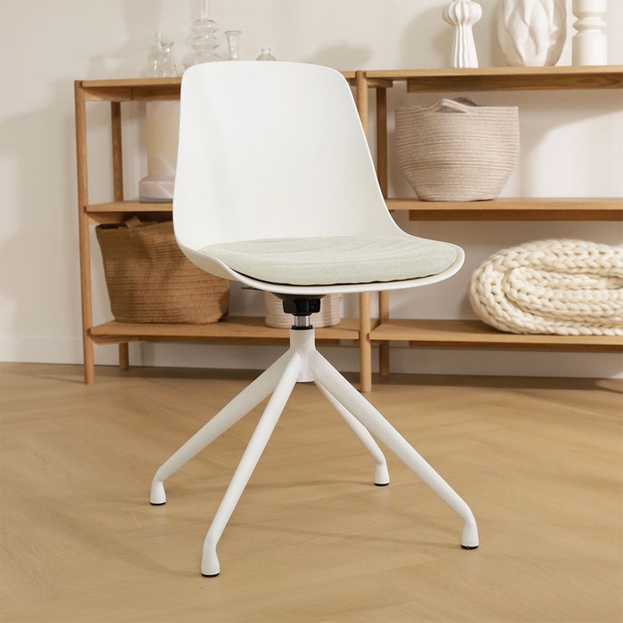 Nola-Liv draaibare eetkamerstoel wit met naturelbeige zitkussen - wit onderstel - comfortabel - vergaderstoel
